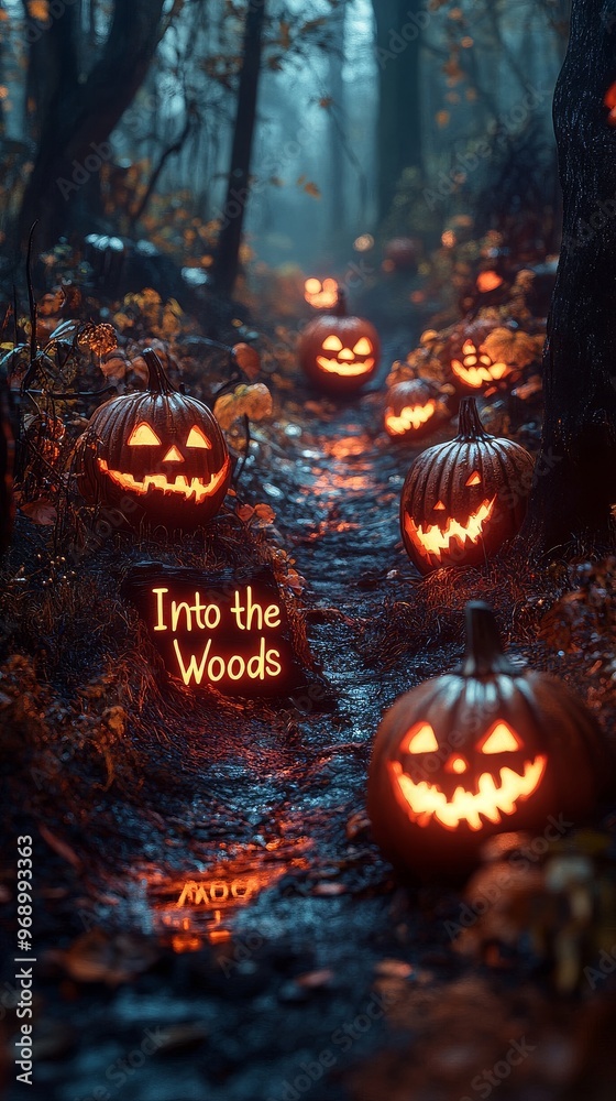 Spooky Halloween Pumpkins Line a Forest Path Spooky Halloween Pumpkins Line a Forest Path