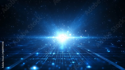Obraz na płótnie A stunning blue light source illuminating a digital landscape, creating a sense of depth and cosmic wonder. w salonie