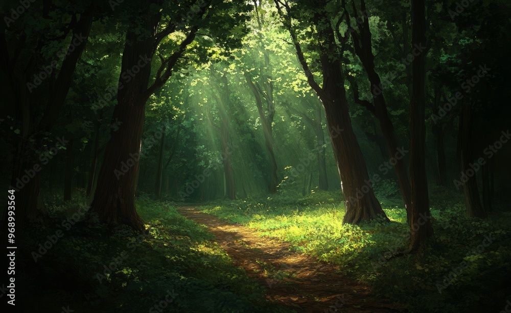 Obraz premium Stunning magical forest with fabulous trees. Landscape of a forest with the sun shining on its leaves and branches. Illustration of a magical summer forest.
