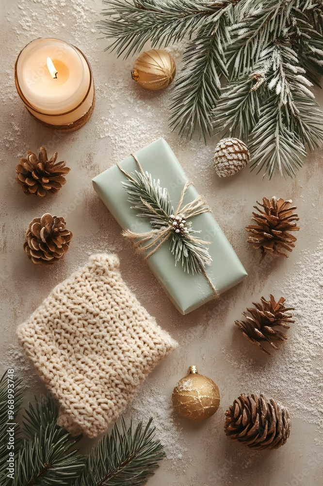Cozy Winter Gift Setup with Pinecones and Candle Cozy Winter Gift Setup with Pinecones and Candle