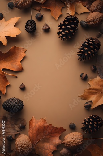 Autumn Leaves, Pinecones, and Acorns on Brown Background