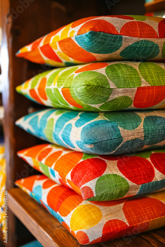 A stack of colorful pillows sitting on top of a wooden shelf photo