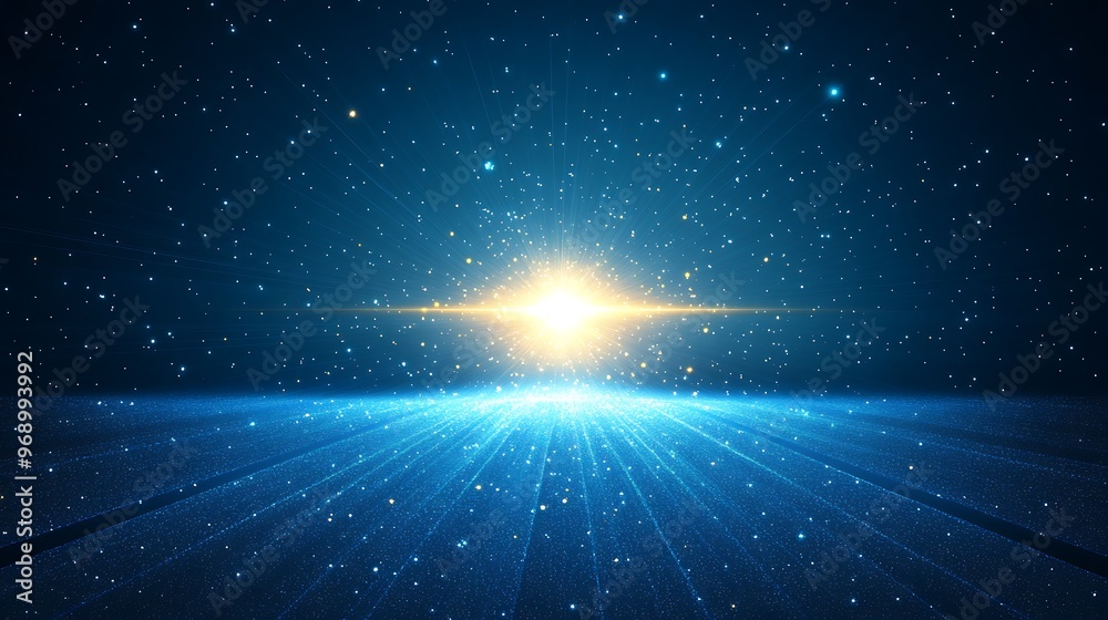 A stunning cosmic scene featuring a radiant star against a backdrop of deep blue space and shimmering particles. A stunning cosmic scene featuring a radiant star against a backdrop of deep blue space and shimmering particles.