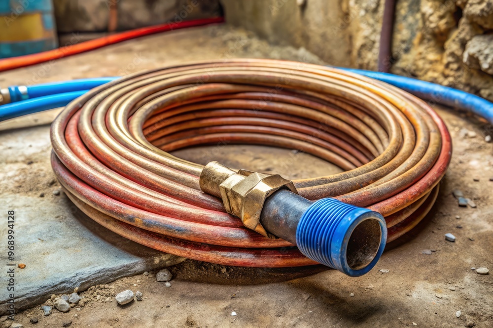 Pex tubing coils prominently on a worn-out cast-iron pipe as a new copper connection await installation amidst a dusty crawl space. Pex tubing coils prominently on a worn-out cast-iron pipe as a new copper connection await installation amidst a dusty crawl space.
