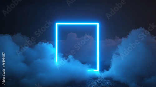 3D rendering of abstract futuristic background with neon geometric shape and stormy clouds on sky. Rhombus frame with copy space.