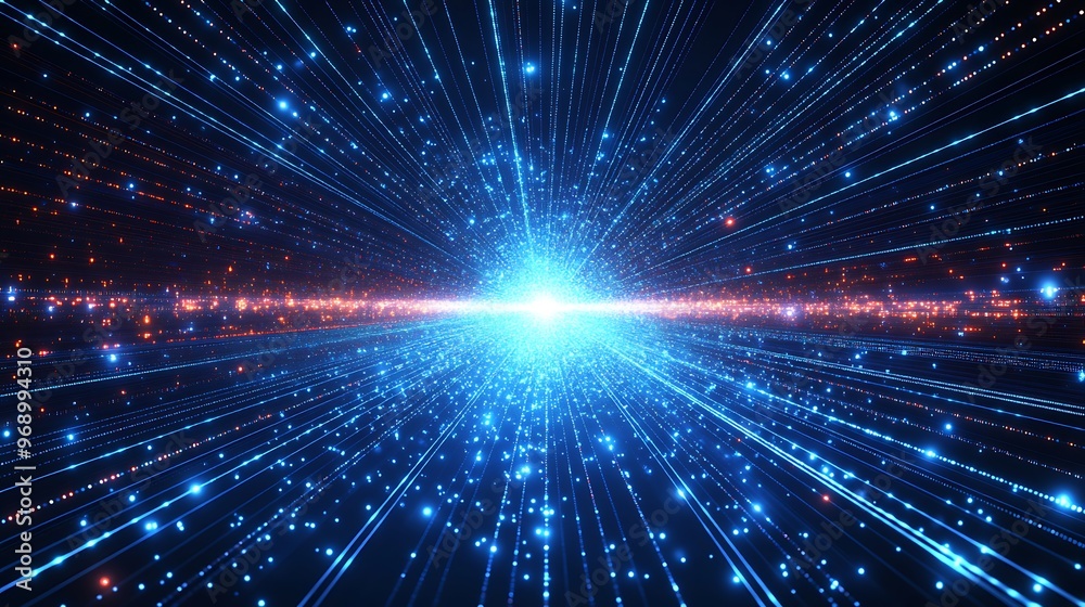 Naklejka premium A stunning depiction of a cosmic explosion, featuring light beams radiating outward, capturing the essence of energy and motion.
