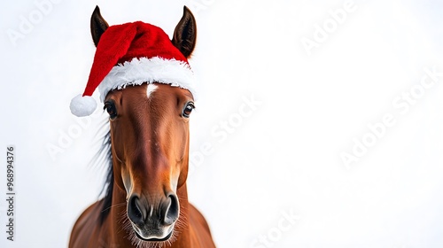 Horse in a New Year's hat, isolated on a white background. Funny festive New Year's horse, cute animal dressed in Santa's clothes. Celebrating Christmas 2025. Generation AI