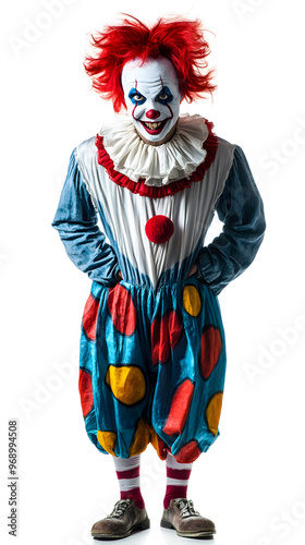 Scary clown with white and red face makeup standing isolated on white background 