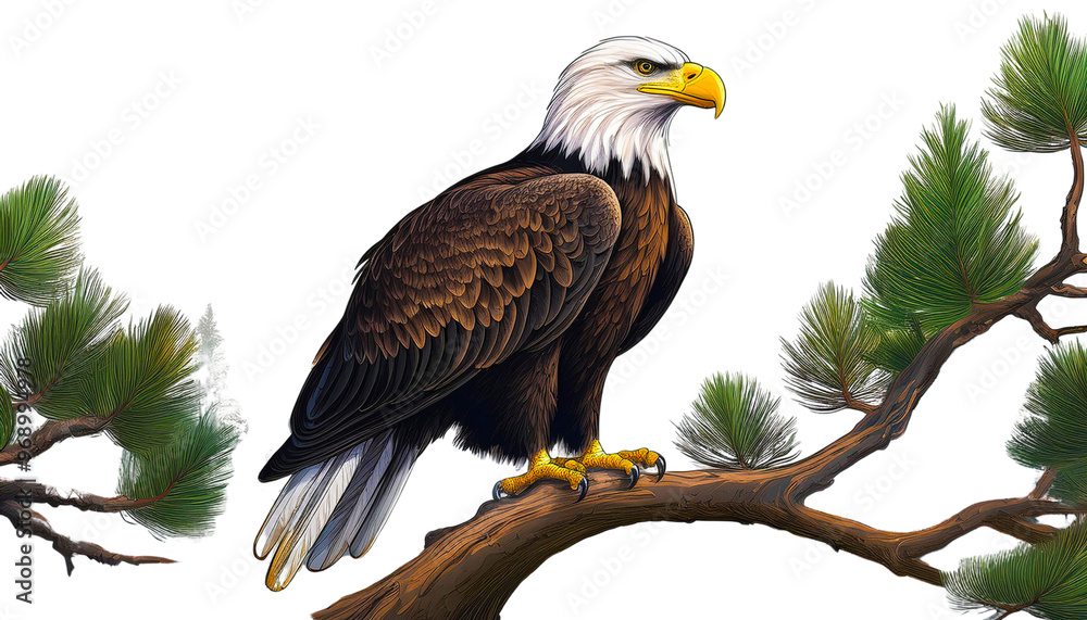 Powerful Bald Eagle Perched on Pine Against White Background Powerful Bald Eagle Perched on Pine Against White Background