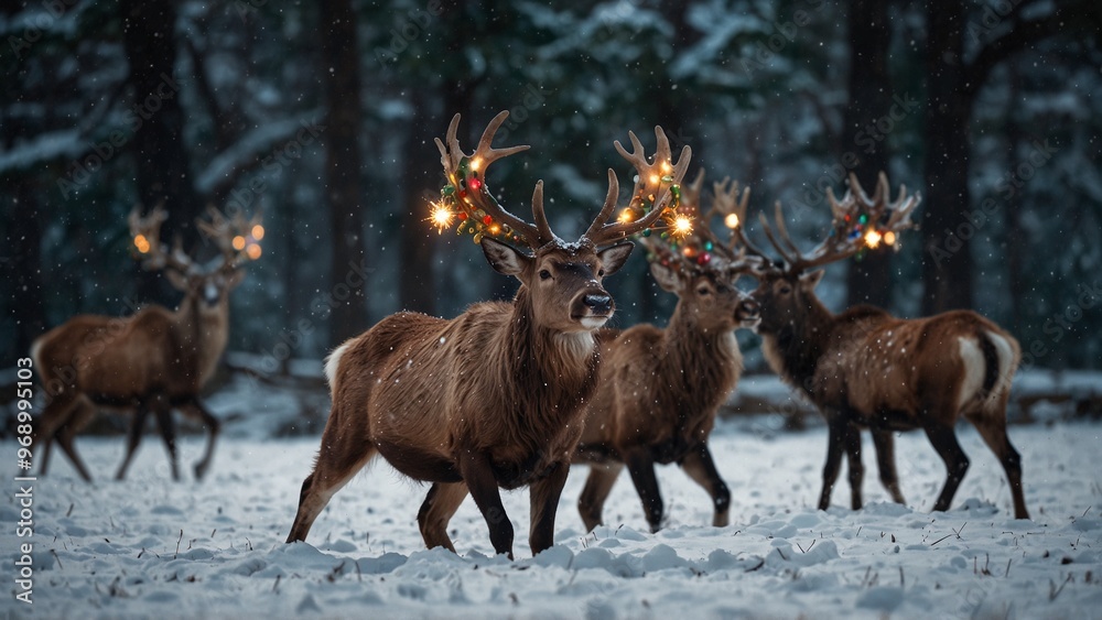 Santa's reindeer playing in the snow, with their antlers adorned with Christmas lights and ornaments. Santa's reindeer playing in the snow, with their antlers adorned with Christmas lights and ornaments.