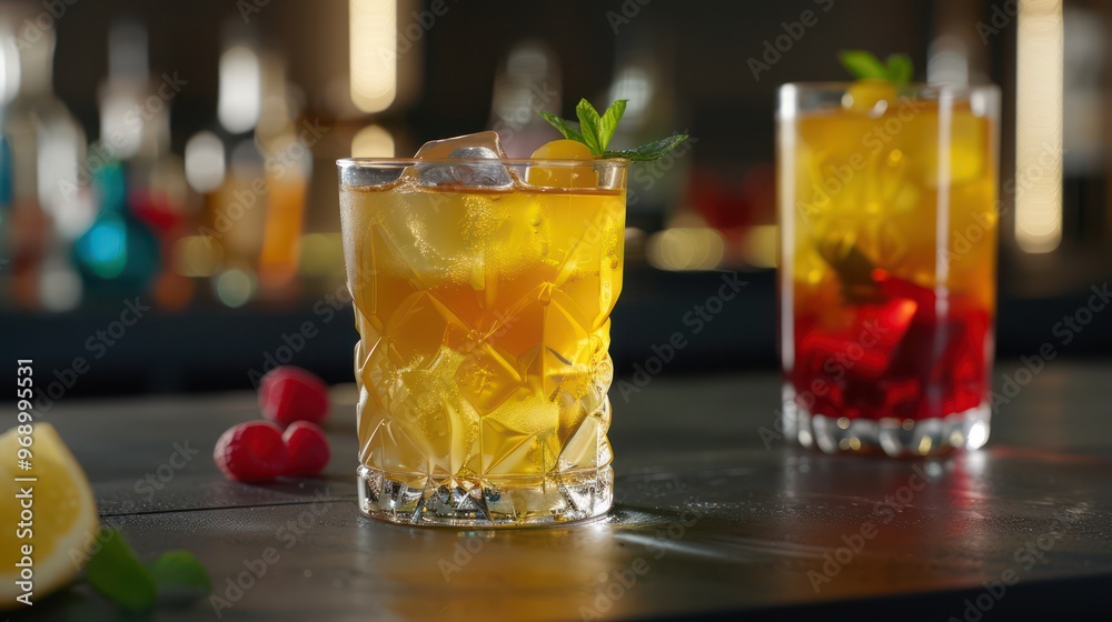 A vibrant display of cocktails, one with a golden hue and mint, the other layered with red fruits, perfect for social gatherings. A vibrant display of cocktails, one with a golden hue and mint, the other layered with red fruits, perfect for social gatherings.