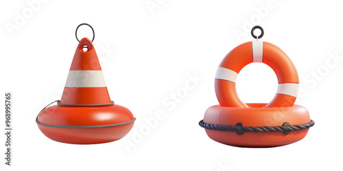 3D of an orange buoy and a lifebuoy isolated on a white background, essential nautical and safety equipment for marine activities.