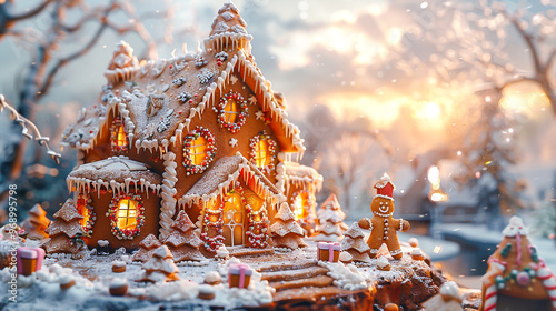 gingerbread house in powdered sugar. Christmas decorations. Gingerbread for the new year. Sweet New Year's treat photo
