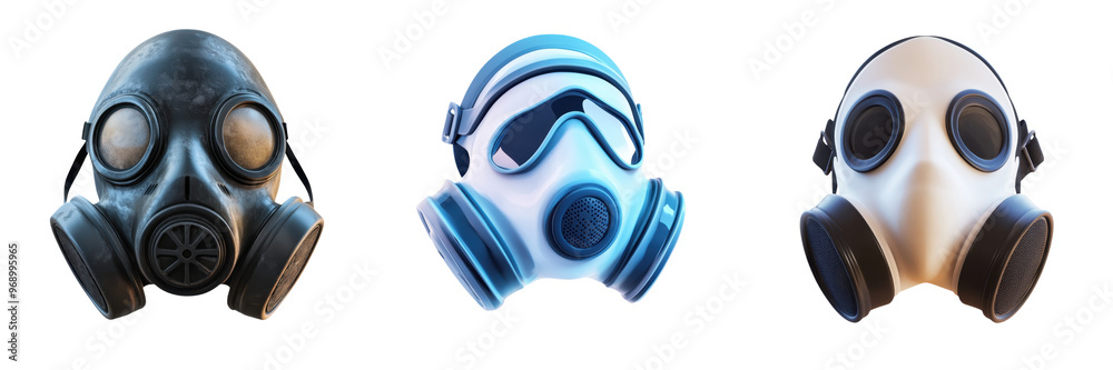 A collection of three different gas masks in various styles and colors, ideal for safety, protection, and industrial use. A collection of three different gas masks in various styles and colors, ideal for safety, protection, and industrial use.