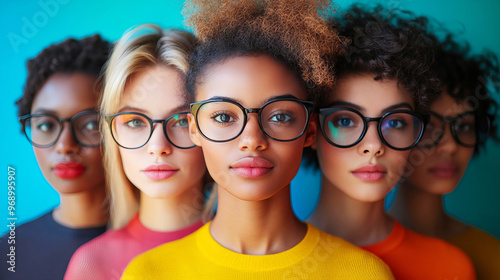 Diverse Group of Five Women Wearing Eyeglasses with Serious Expressions