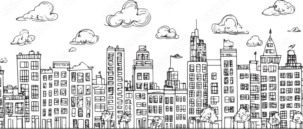 City landscape. Line urban backdrop. Skyline with clouds, different buildings on street, doodle street draw, outline cityscape hand sketch, flat houses. Hand drawn vector illustration City landscape. Line urban backdrop. Skyline with clouds, different buildings on street, doodle street draw, outline cityscape hand sketch, flat houses. Hand drawn vector illustration