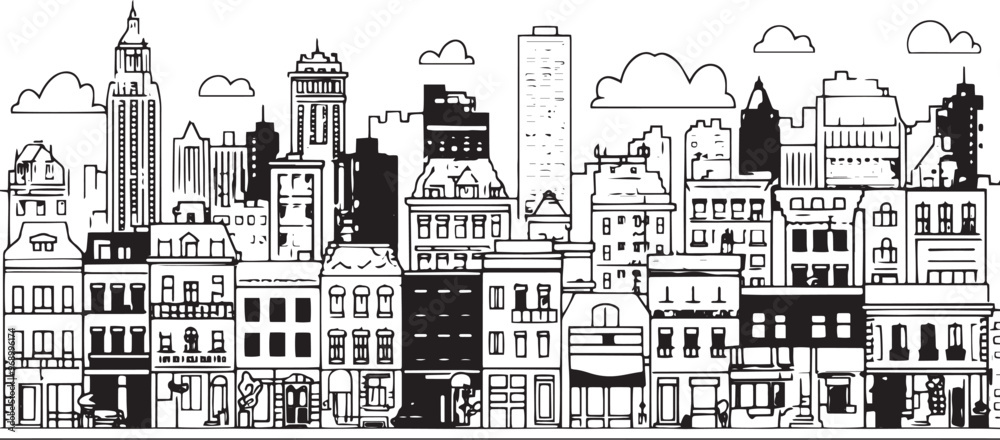 Obraz premium City landscape. Line urban backdrop. Skyline with clouds, different buildings on street, doodle street draw, outline cityscape hand sketch, flat houses. Hand drawn vector illustration 