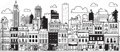 City landscape. Line urban backdrop. Skyline with clouds, different buildings on street, doodle street draw, outline cityscape hand sketch, flat houses. Hand drawn vector illustration 