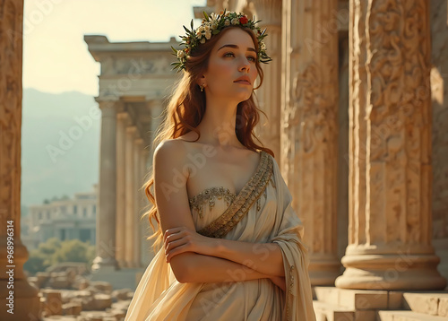 young goddess of beauty woman wearing flower wreath beige dress stands in front of ancient Greek columns.  beautiful lady girl. historical Roman architecture, culture. antiquity. photo