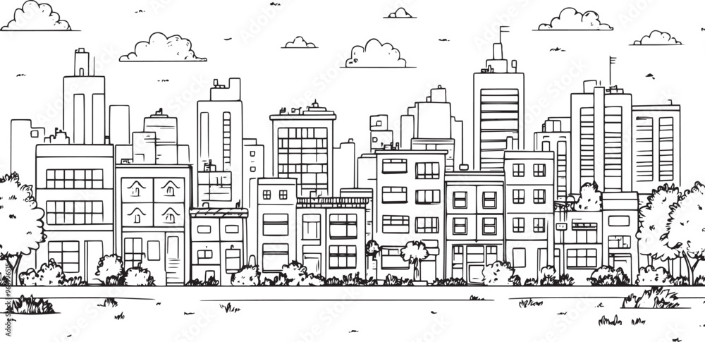 City landscape. Line urban backdrop. Skyline with clouds, different buildings on street, doodle street draw, outline cityscape hand sketch, flat houses. Hand drawn vector illustration City landscape. Line urban backdrop. Skyline with clouds, different buildings on street, doodle street draw, outline cityscape hand sketch, flat houses. Hand drawn vector illustration