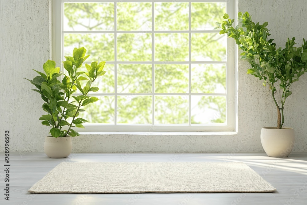 Fototapeta premium Engage in mindful stretching within a tranquil space adorned with abundant natural light and greenery, allowing your body and mind to harmonize.