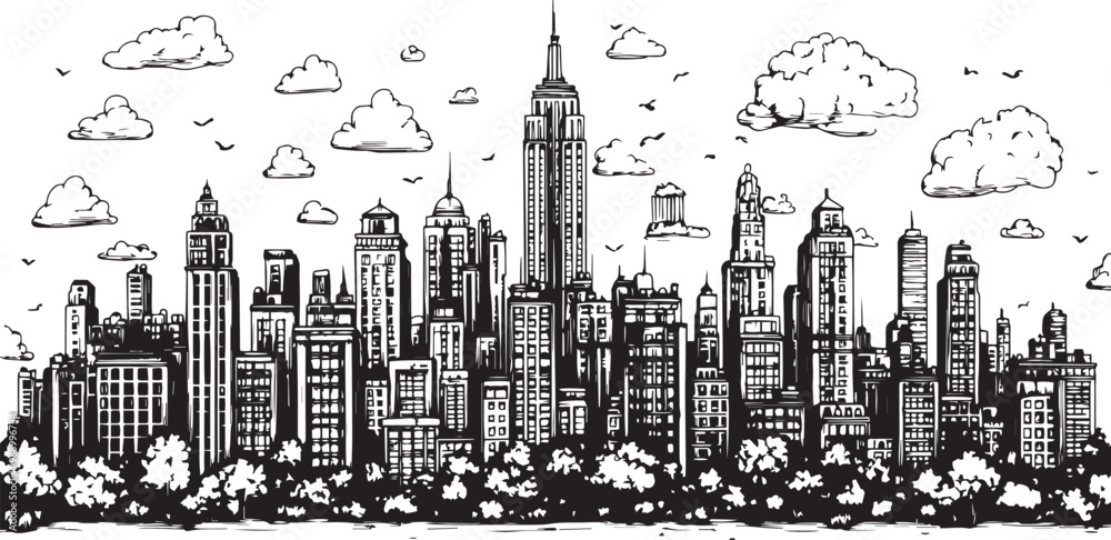Fototapeta premium City landscape. Line urban backdrop. Skyline with clouds, different buildings on street, doodle street draw, outline cityscape hand sketch, flat houses. Hand drawn vector illustration