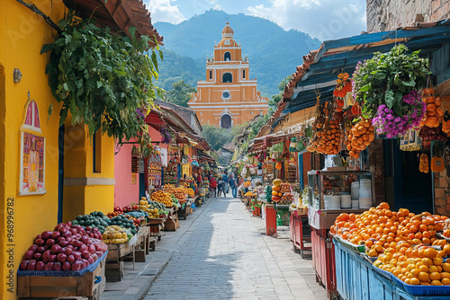 Vibrant market street with colorful buildings and fresh produce stalls in South America