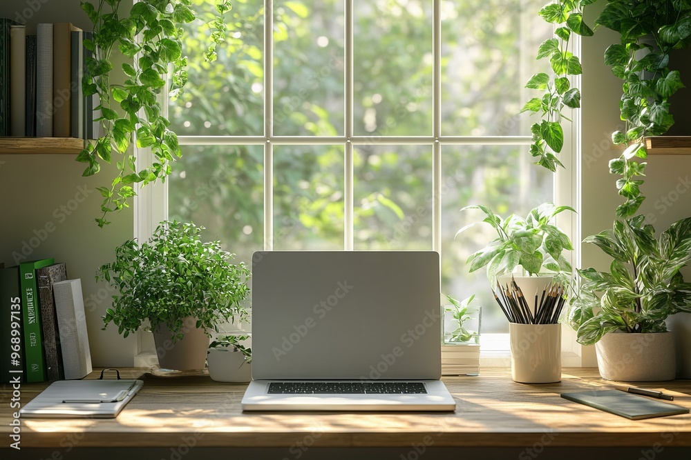 Stylish home office mockup setup with laptop on table, plants and books, Productive Workspace with Copy space Stylish home office mockup setup with laptop on table, plants and books, Productive Workspace with Copy space