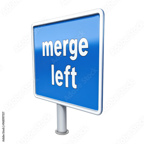 Blue merge left sign on a white post, commonly used in traffic to indicate merging lanes. Simple design with clear white text on blue background. photo