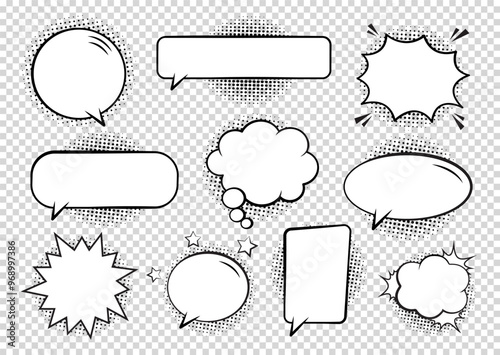 Retro empty comic bubbles and elements set with black halftone shadows on transparent background. Vector illustration, vintage design, pop art style