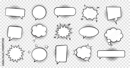 Retro empty comic bubbles and elements set with black halftone shadows on transparent background. Vector illustration, vintage design, pop art style