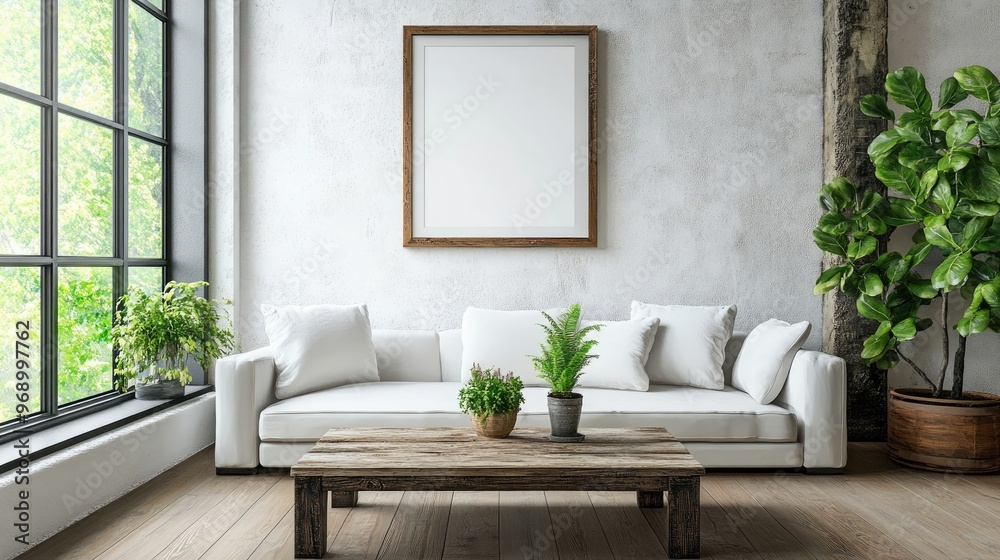 Rustic coffee table near white sofa against wall with art frame Farmhouse interior design of modern living room Rustic coffee table near white sofa against wall with art frame Farmhouse interior design of modern living room