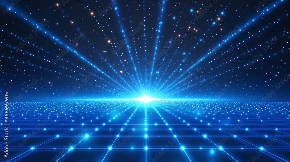 A stunning futuristic background featuring a radiant blue light with rays extending in a cosmic environment, ideal for tech projects. A stunning futuristic background featuring a radiant blue light with rays extending in a cosmic environment, ideal for tech projects.