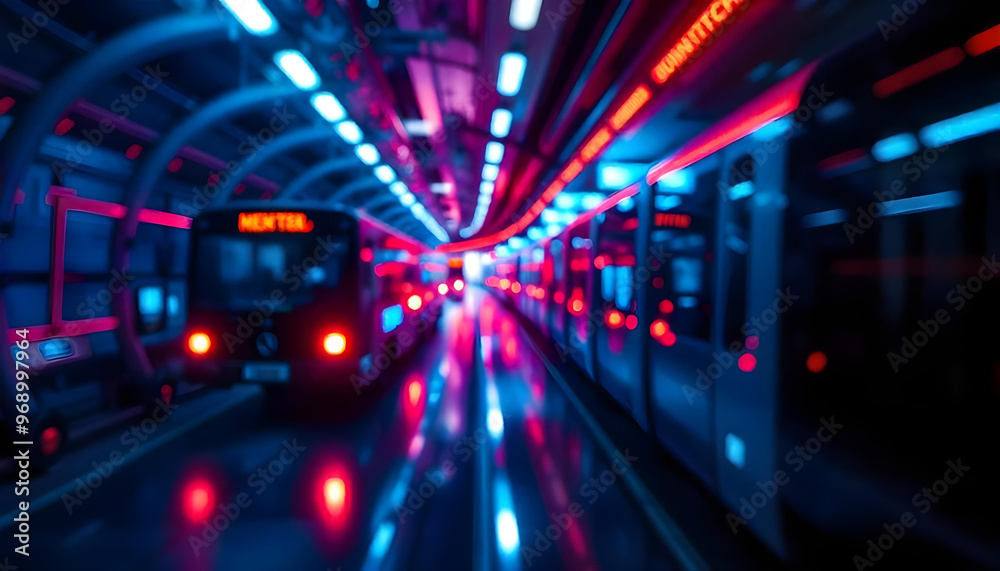 Obraz premium A Futuristic Train Station with Neon Lights