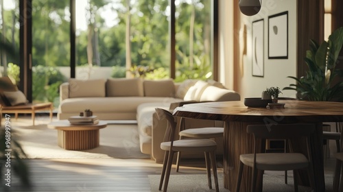 Rustic live edge table and chairs near beige sofa in spacious room Scandinavian interior design of modern living room