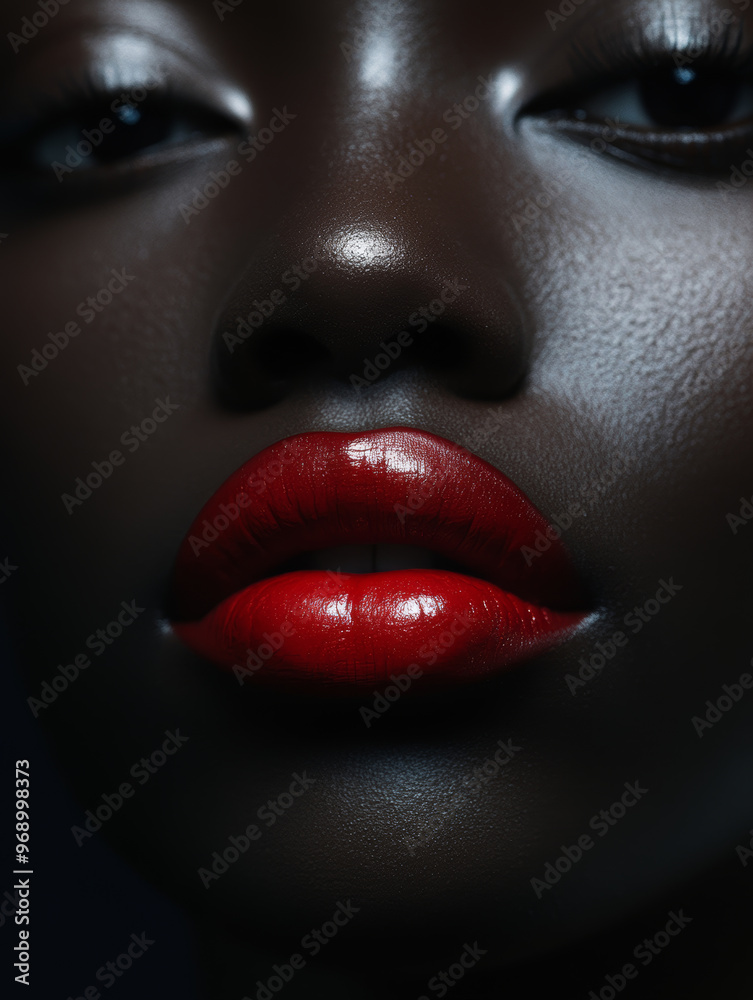 Naklejka premium A striking close up of womans face showcasing deep skin tones and vibrant red lips, highlighting beauty and elegance. glossy finish of lips adds captivating allure