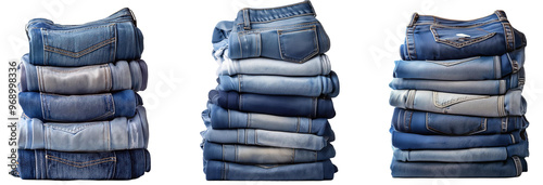  sets of denim jeans isolated on Transparent Background.