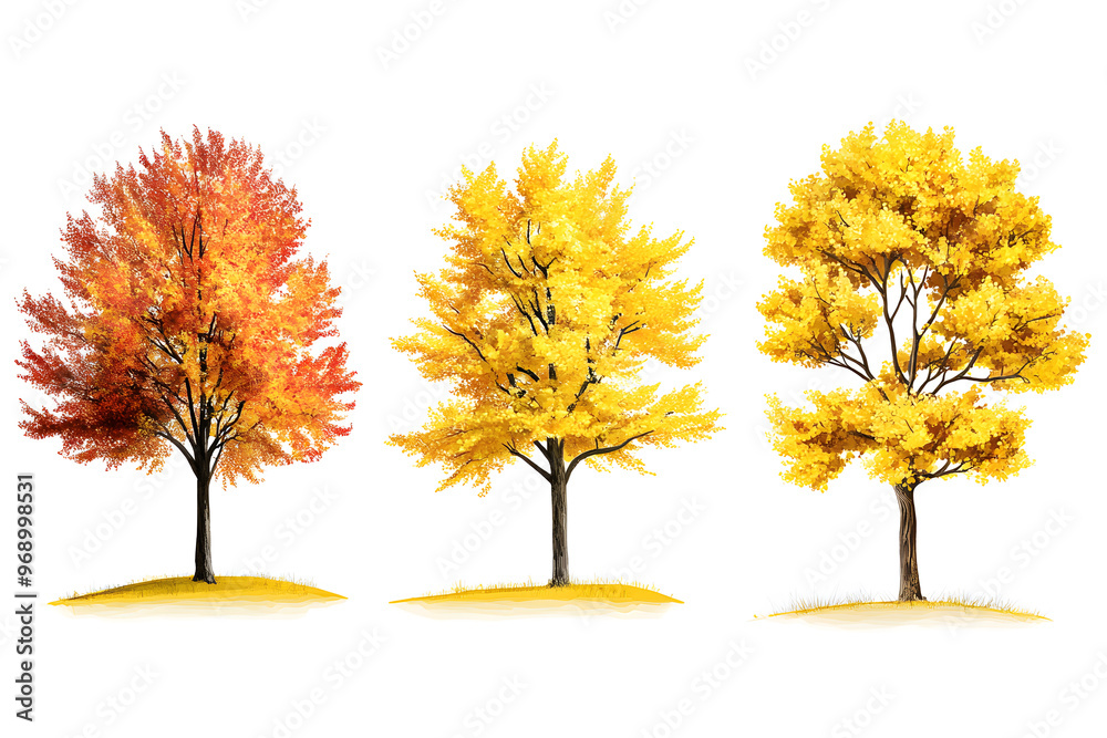 Yellow trees set isolated on white background Yellow trees set isolated on white background