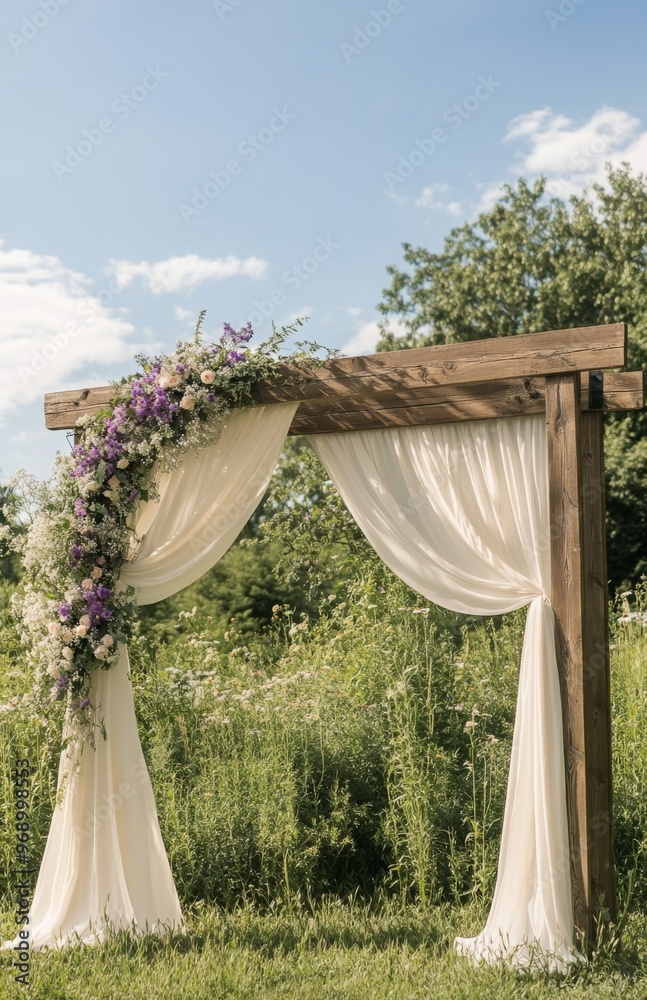 A rustic outdoor wedding backdrop with a wooden arch, decorated with wildflowers and soft white drapes, blending nature and elegance A rustic outdoor wedding backdrop with a wooden arch, decorated with wildflowers and soft white drapes, blending nature and elegance