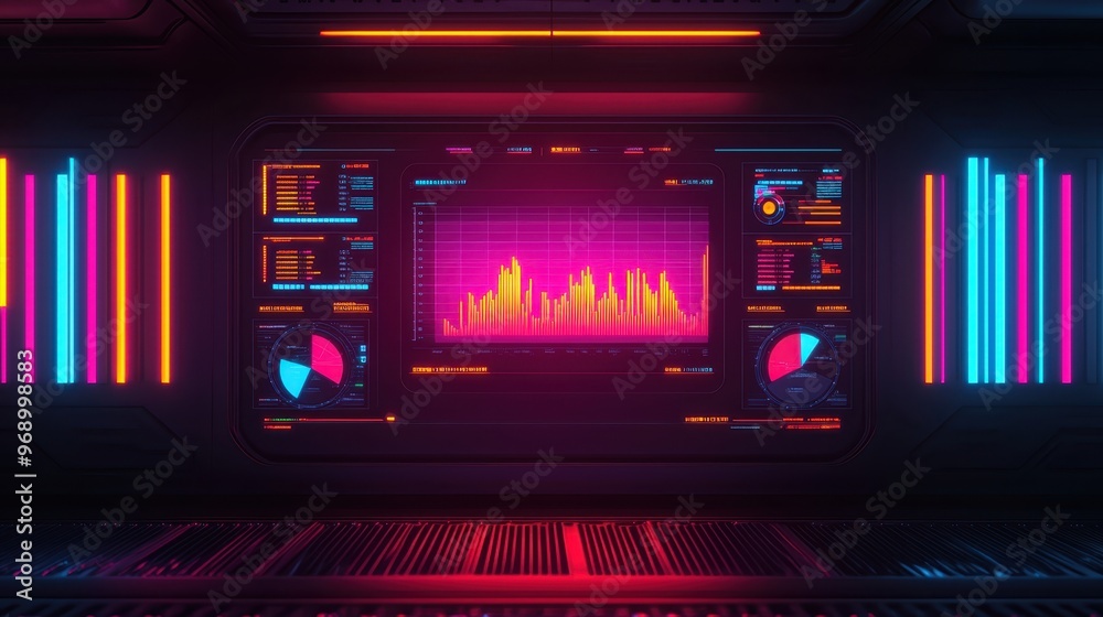 Futuristic Infographic Studio with Robotic Tools and Neon Data Visualizations, Copy Space Available for Text Futuristic Infographic Studio with Robotic Tools and Neon Data Visualizations, Copy Space Available for Text