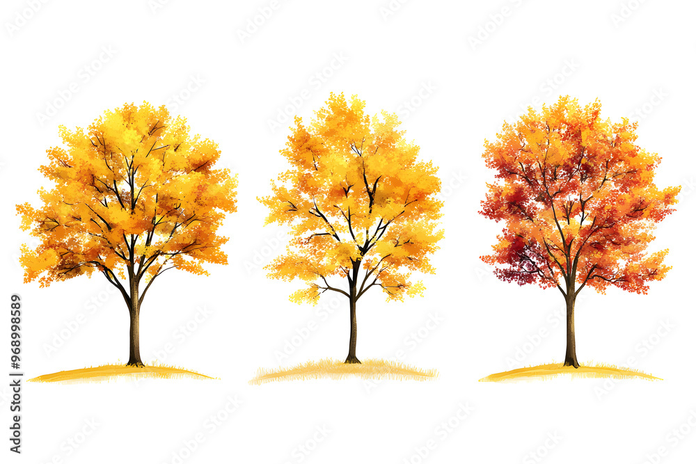 Yellow trees set isolated on white background	