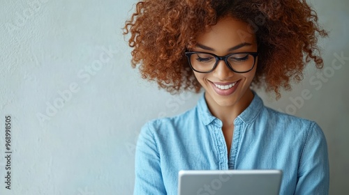 The Woman with Tablet Smiling photo