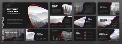 Creative Powerpoint presentation template set. Modern Keynote presentation background, brochure cover design, brand guidelines, proposal presentation, annual report, company profile, pitch deck.