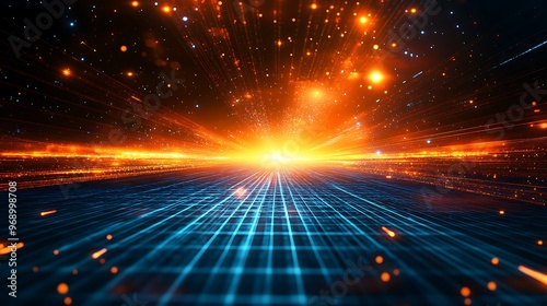 A stunning visual of glowing particles and radiant lines creating a dynamic perspective into a vast, cosmic landscape.