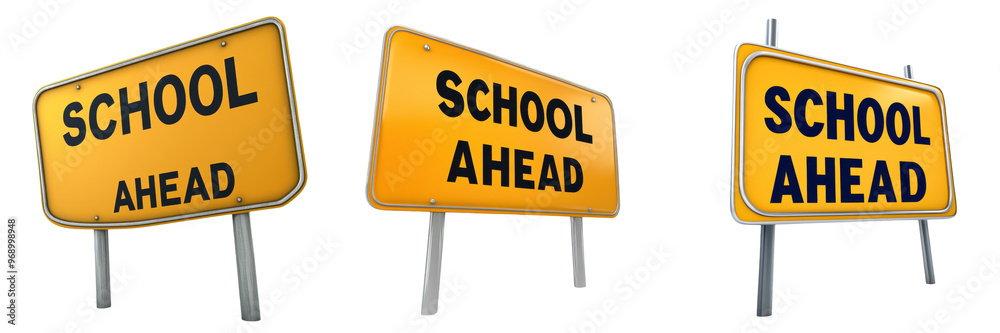 Illustration of three yellow 'School Ahead' traffic signs on transparent backgrounds, emphasizing education and road safety awareness.