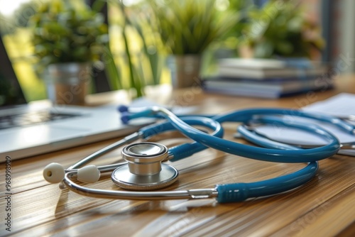 Modern Stethoscope on Wooden Desk in Medical Office with Laptop and Green Plants photo