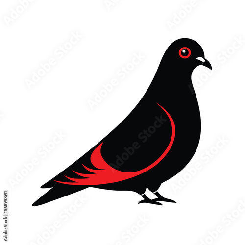 a black and red Pigeon, silhouette vector art illustration, isolated white background,