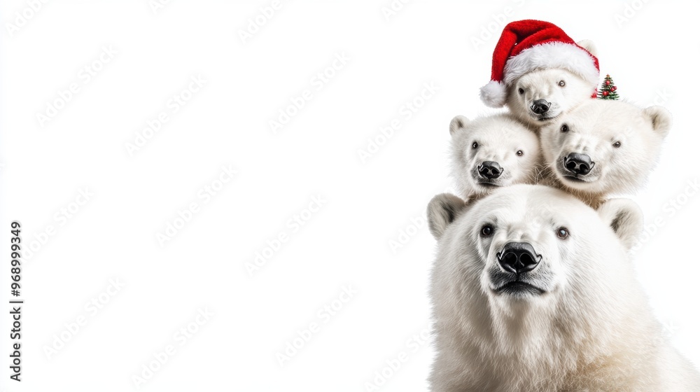A group of polar bears wearing santa hats A group of polar bears wearing santa hats