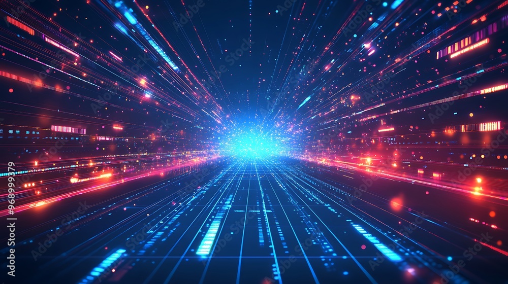 Fototapeta premium A vibrant abstract background depicting digital rays of light converging towards a bright center, symbolizing speed and technology.