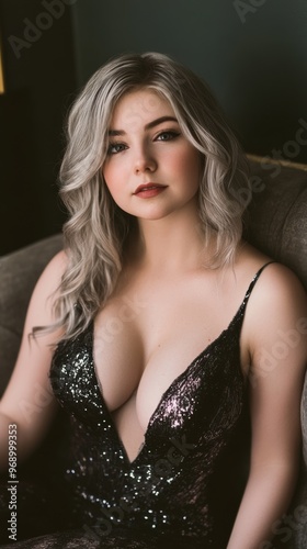A woman in a black dress sitting on a couch